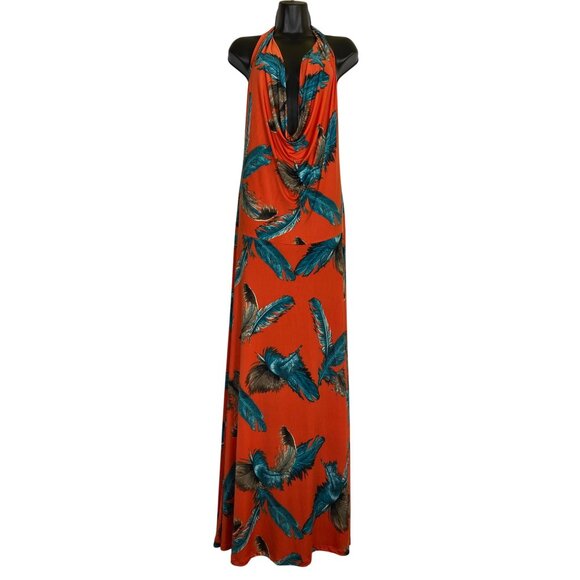 Elegant Feather Print Maxi Dress - Orange and Blue - Picture 1 of 5
